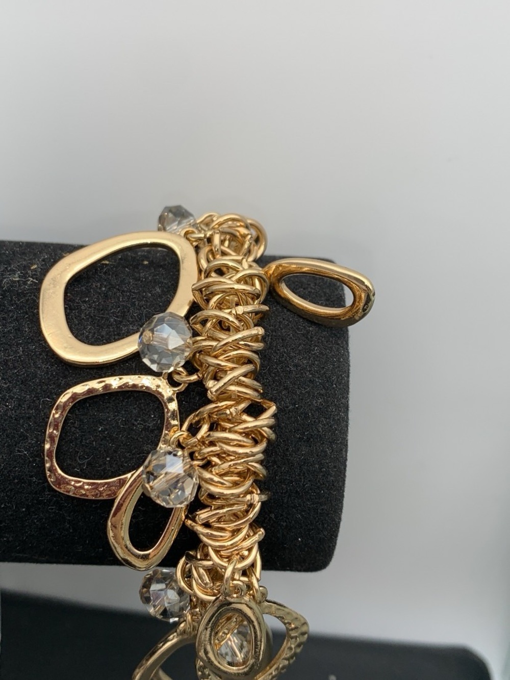 Gold-Tone multi Ring and charms stretch Bracelet with Clear faceted Beads